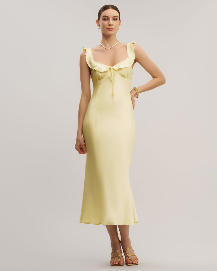 SALE | Yellow V Neck Ruffle Mermaid Midi Dress