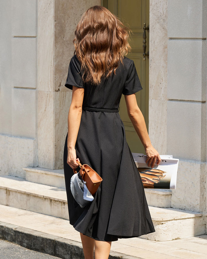 SALE | Black A-Line Belted Midi Dress
