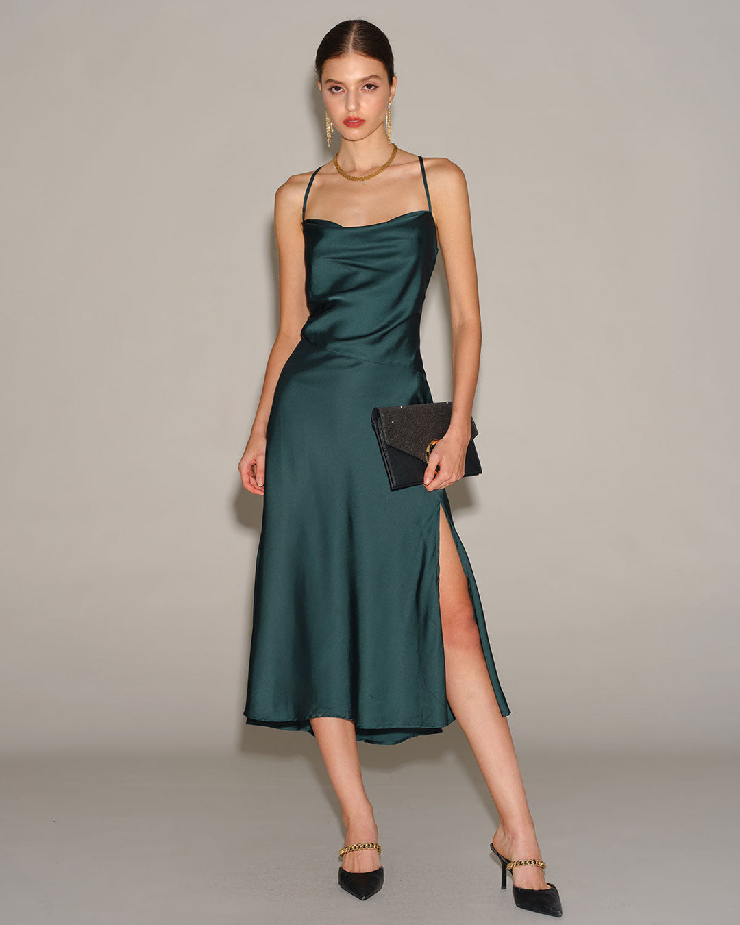 SALE | Green Satin Cowl Neck Slip Midi Dress