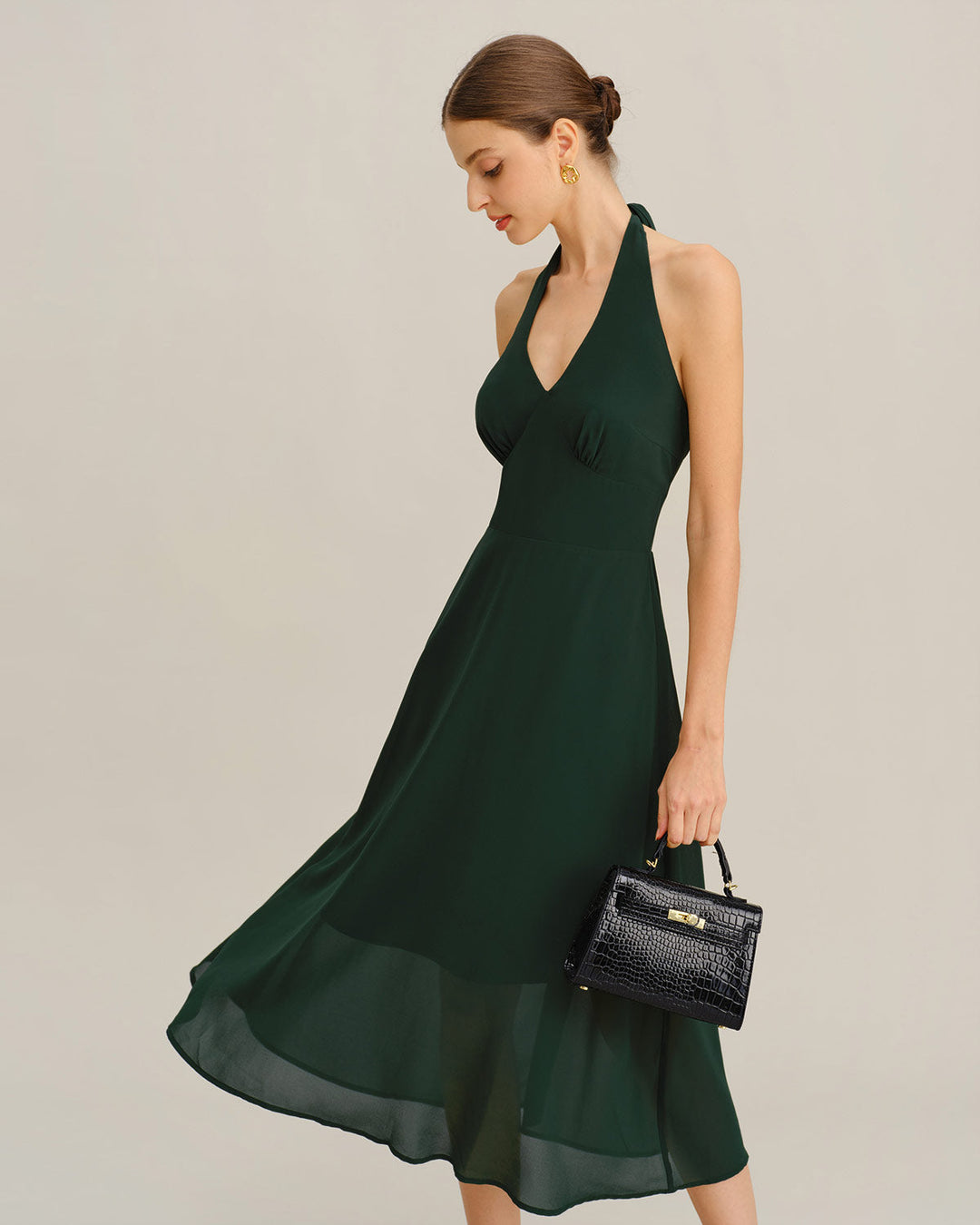 SALE | Green Chiffon A-Line Halter Midi Dress