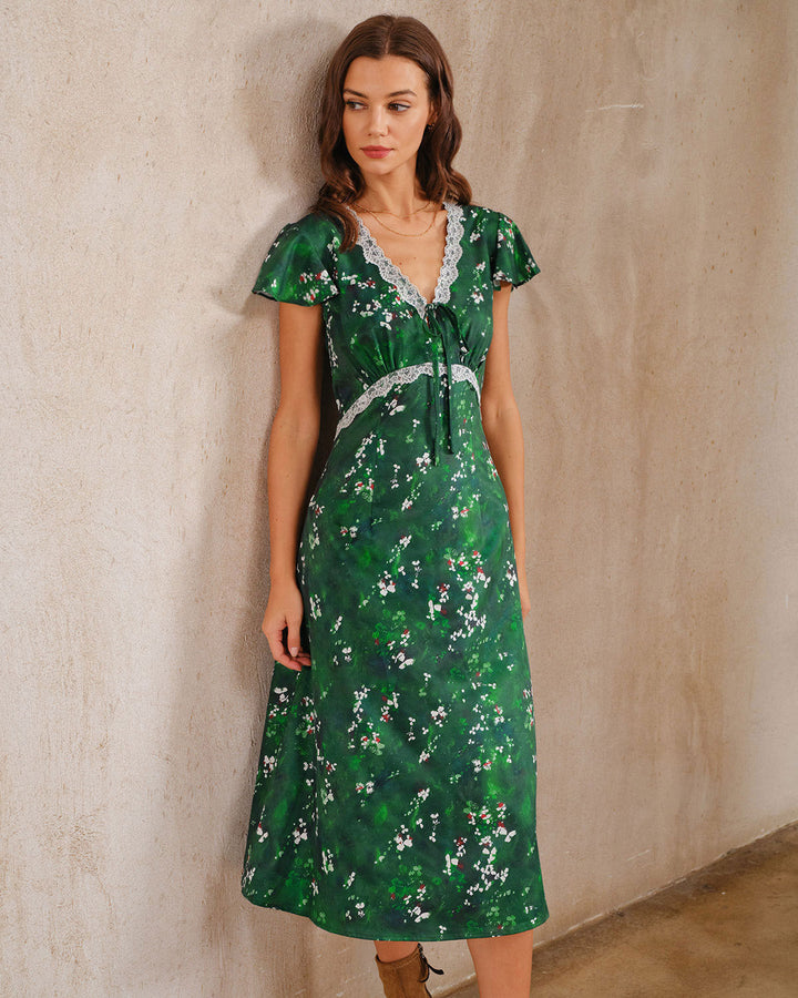 SALE | Green Floral V Neck Ruched Midi Dress