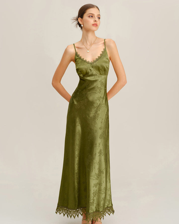 SALE | Green Jacquard Corset Slip Maxi Dress