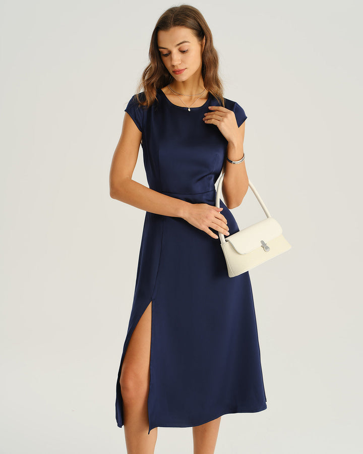 SALE | Navy Satin Cut Out Slit Midi Dress