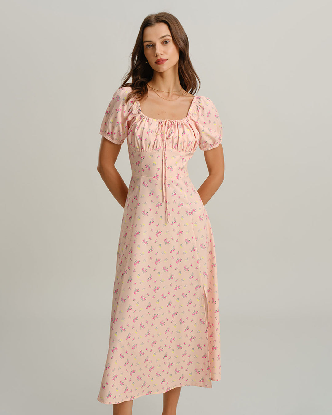 SALE | Pink Floral Square Neck Puffed Sleeve Midi Dress