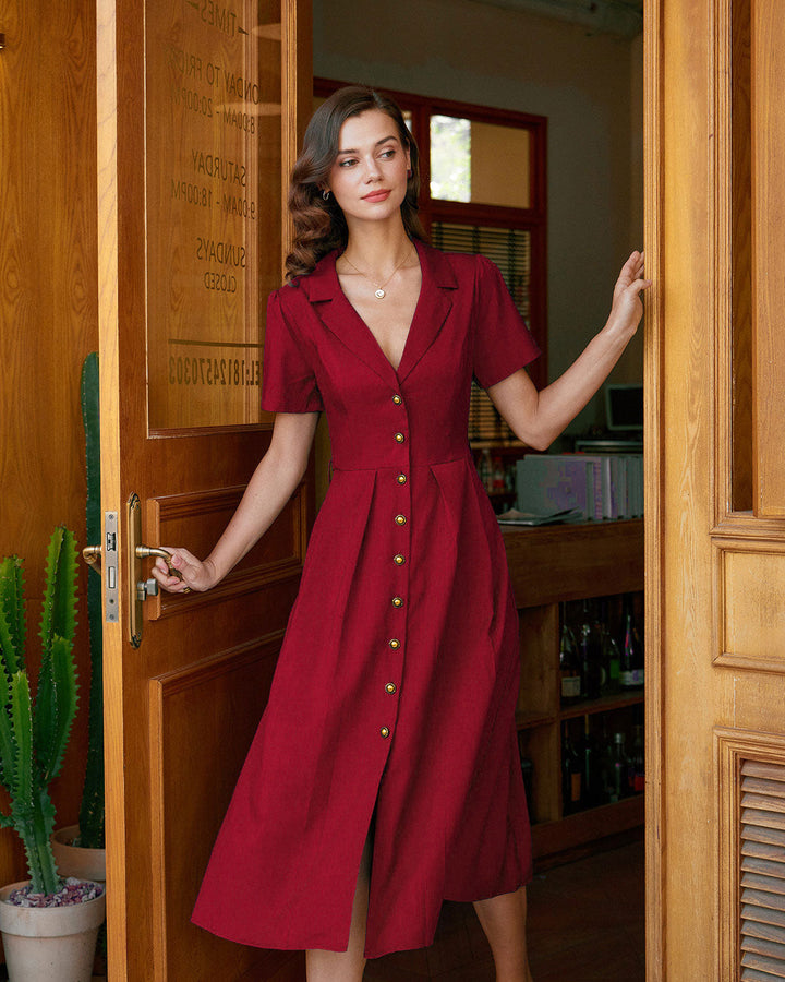 SALE | Red A-Line Pleated Button Midi Dress
