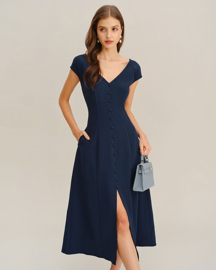 SALE | Navy Cap Sleeve A-Line Midi Dress