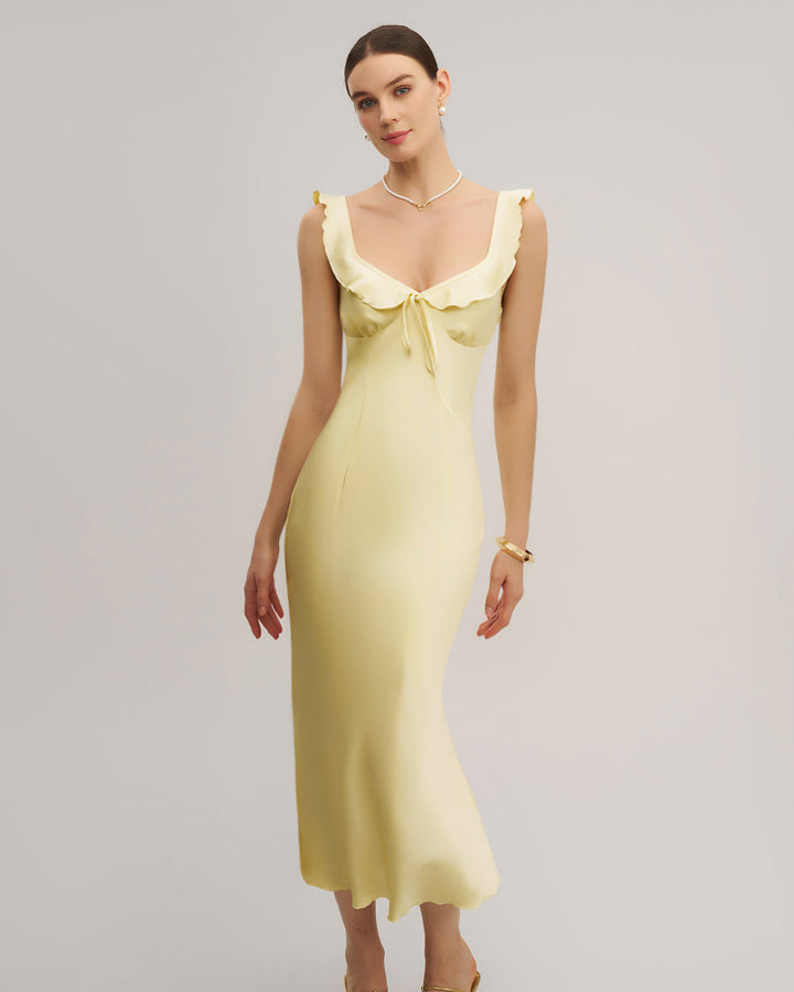 SALE | Yellow V Neck Ruffle Mermaid Midi Dress