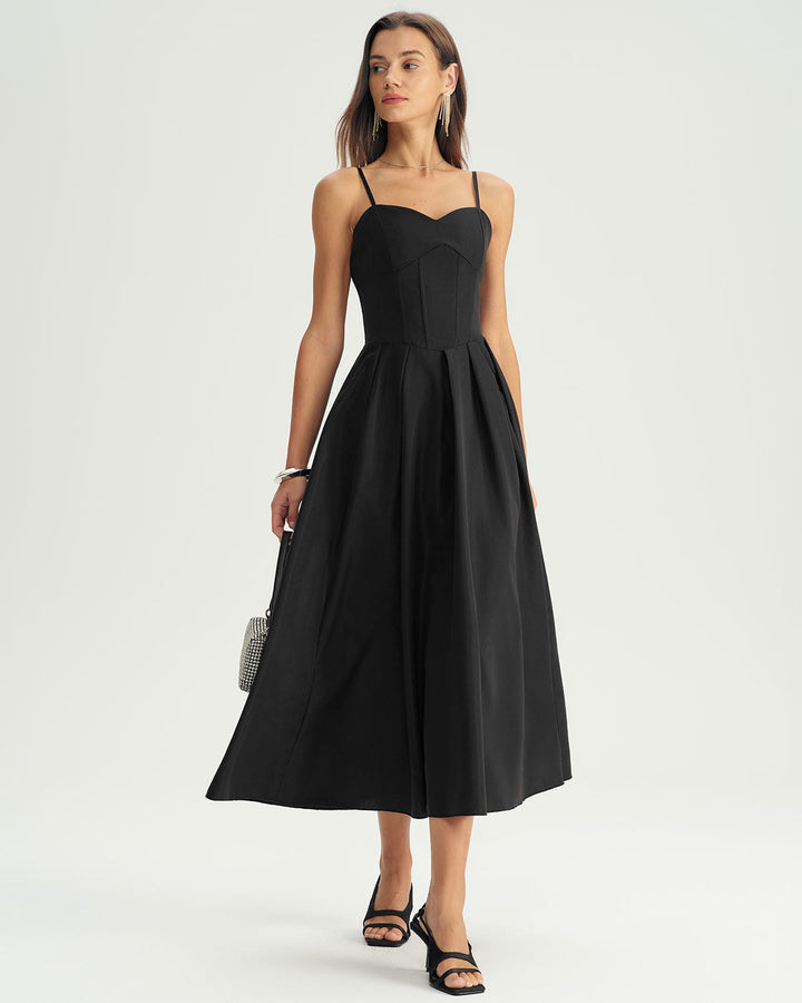 SALE | Black Pleated Slip Midi Dress