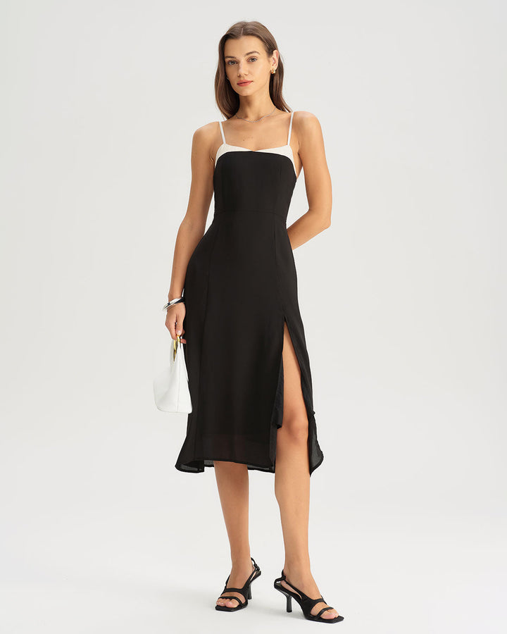 SALE | Black Contrasting A-Line Slip Midi Dress