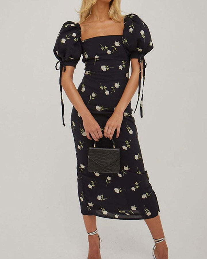 SALE | Black Square Neck Floral Midi Dress