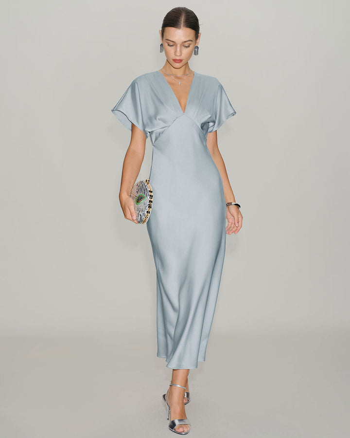 SALE | Blue Satin Cowl Sleeve Midi Dress