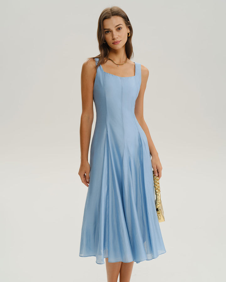SALE | Blue Square Neck A-Line Sleeveless Midi Dress
