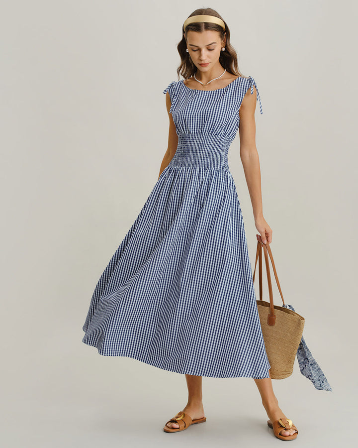 SALE | Blue Plaid Boat Neck Shirred Midi Dress