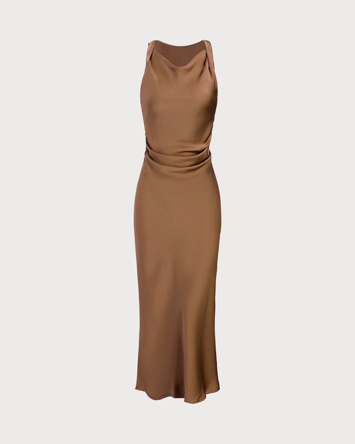 SALE | Coffee Satin Boat Neck Slip Midi Dress