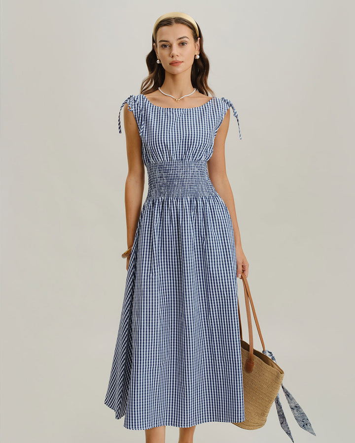SALE | Blue Plaid Boat Neck Shirred Midi Dress