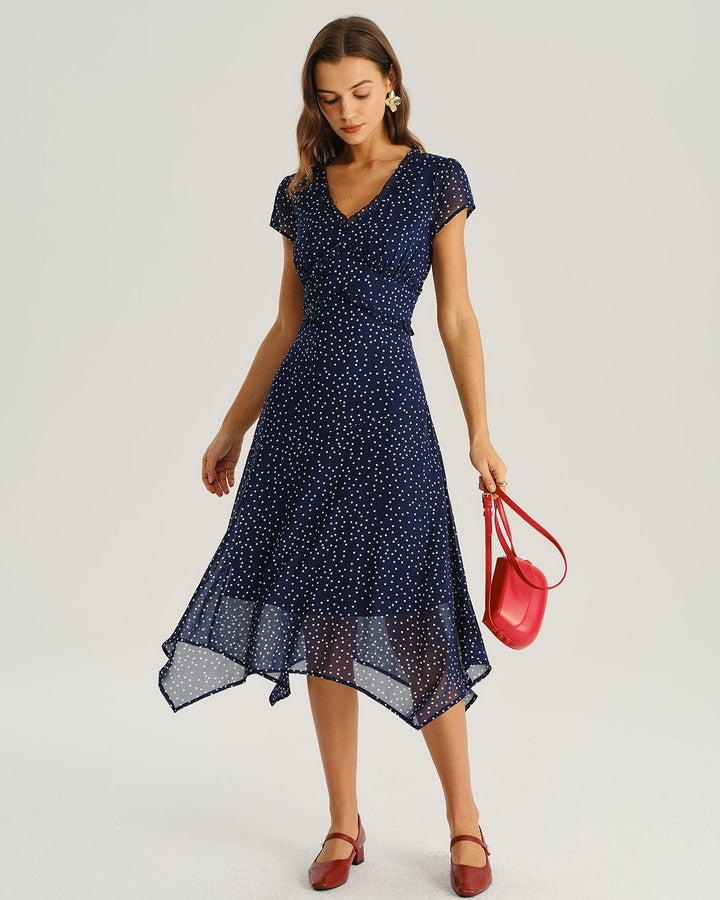 SALE | Navy Polka Dot Cap Sleeve Midi Dress