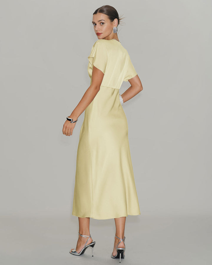 SALE | Yellow Satin Cowl Sleeve Midi Dress