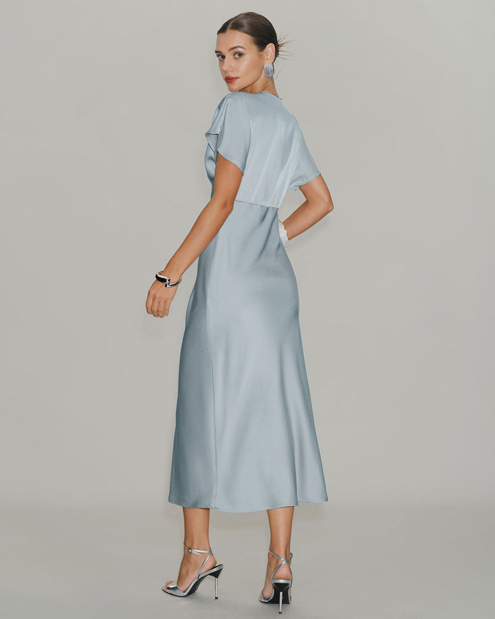 SALE | Blue Satin Cowl Sleeve Midi Dress