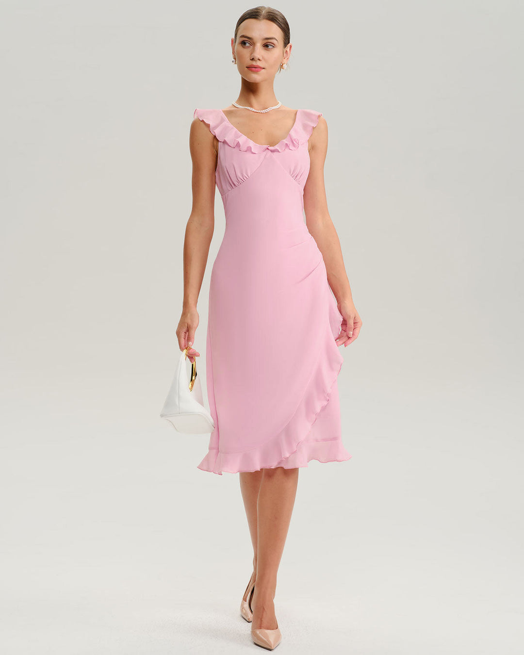 SALE | Pink V Neck Ruffle Sleeveless Midi Dress