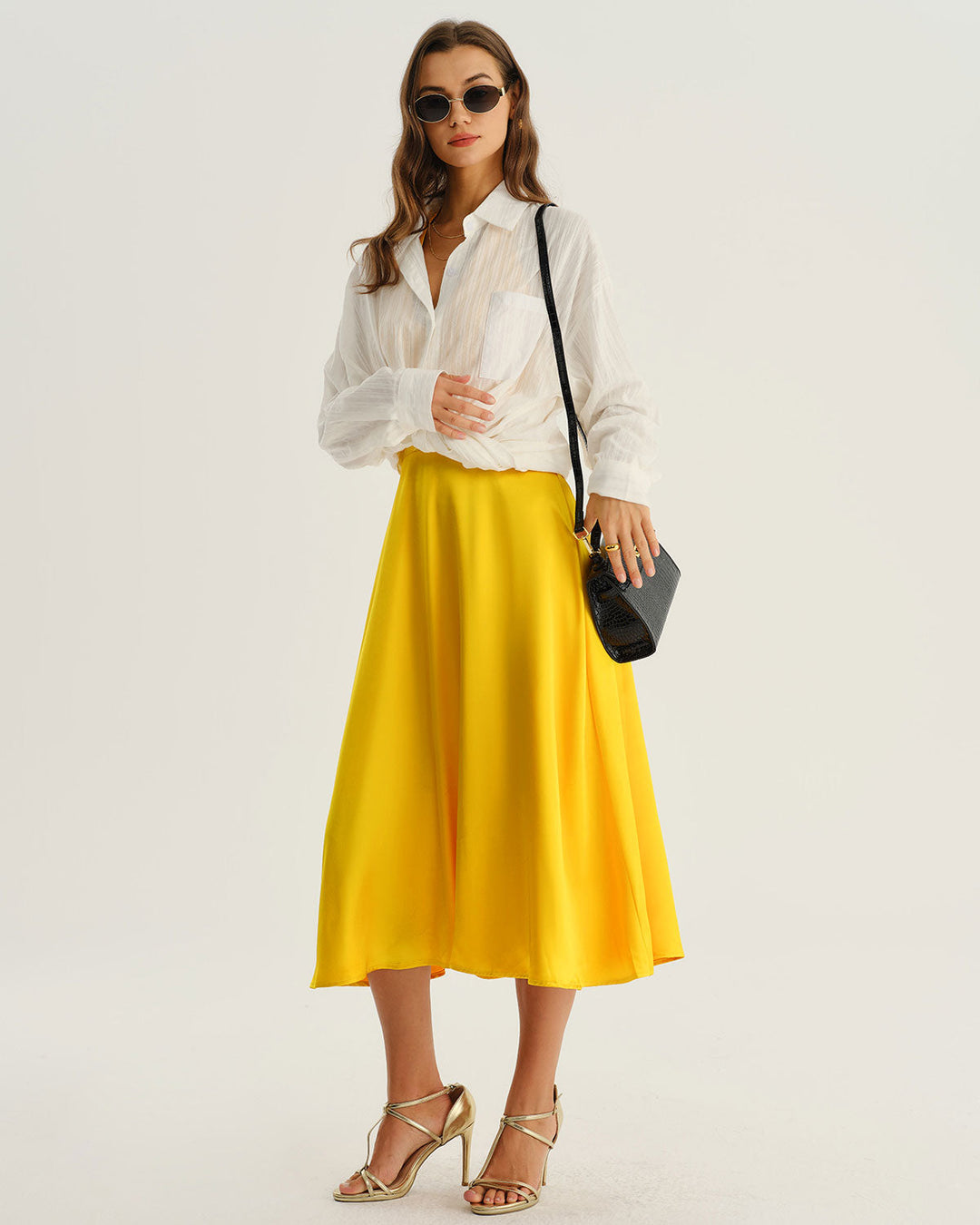 SALE | Yellow Satin A-Line Halter Midi Dress