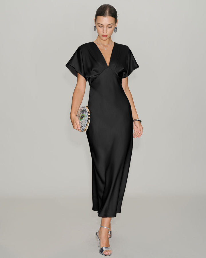 SALE | Black Satin V Neck Cowl Sleeve Midi Dress