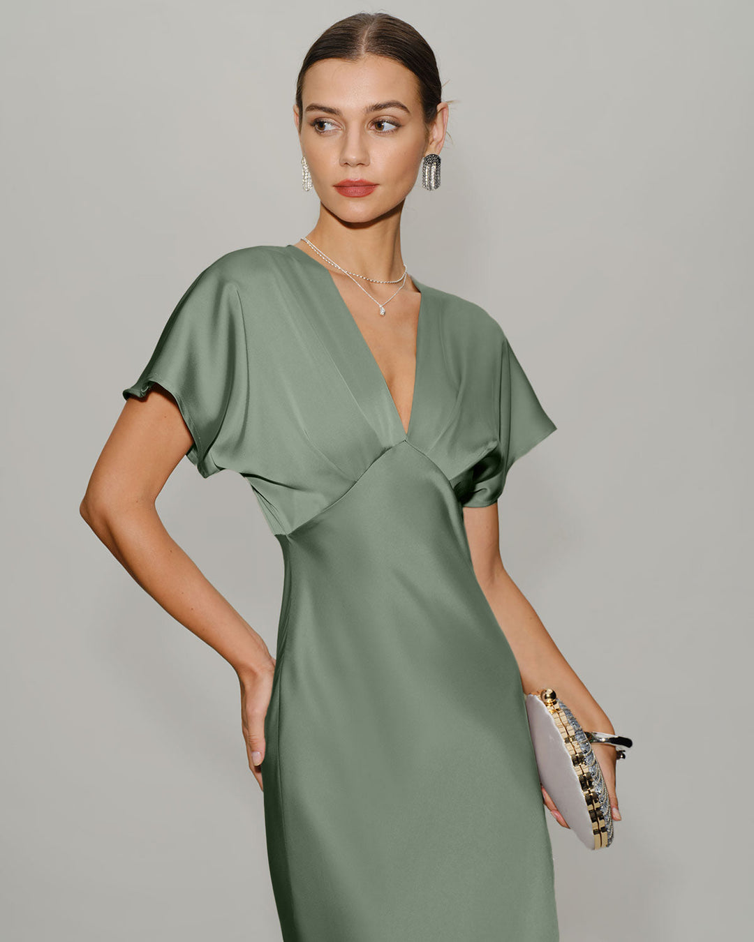 SALE | Green Satin V Neck Midi Dress