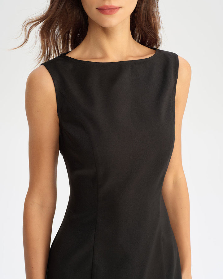 SALE | Black Boat Neck Slit Sleeveless Midi Dress