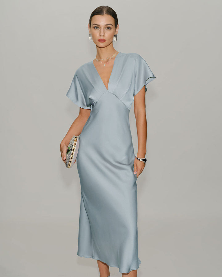 SALE | Blue Satin Cowl Sleeve Midi Dress