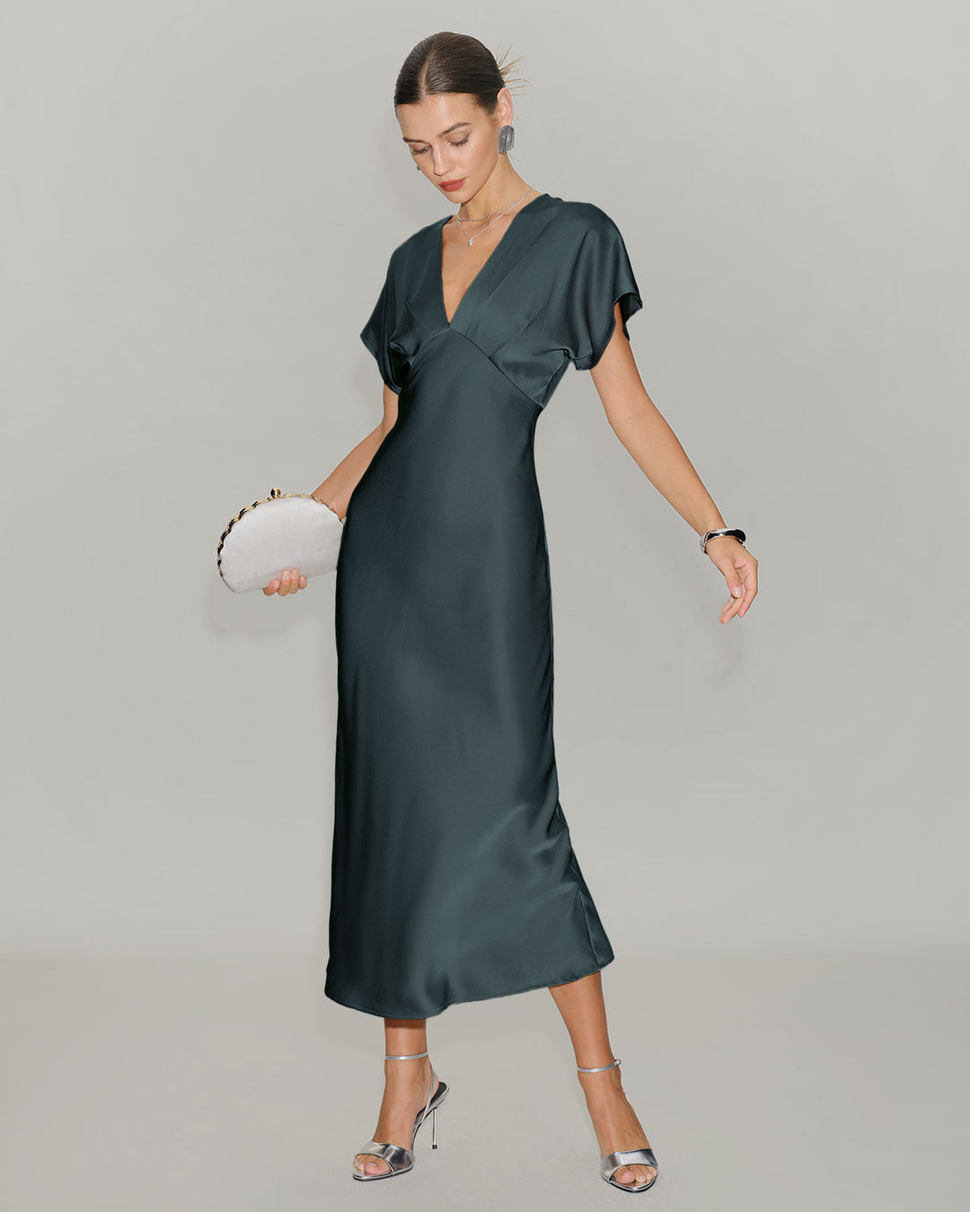 SALE | Green Satin Cowl Sleeve Midi Dress