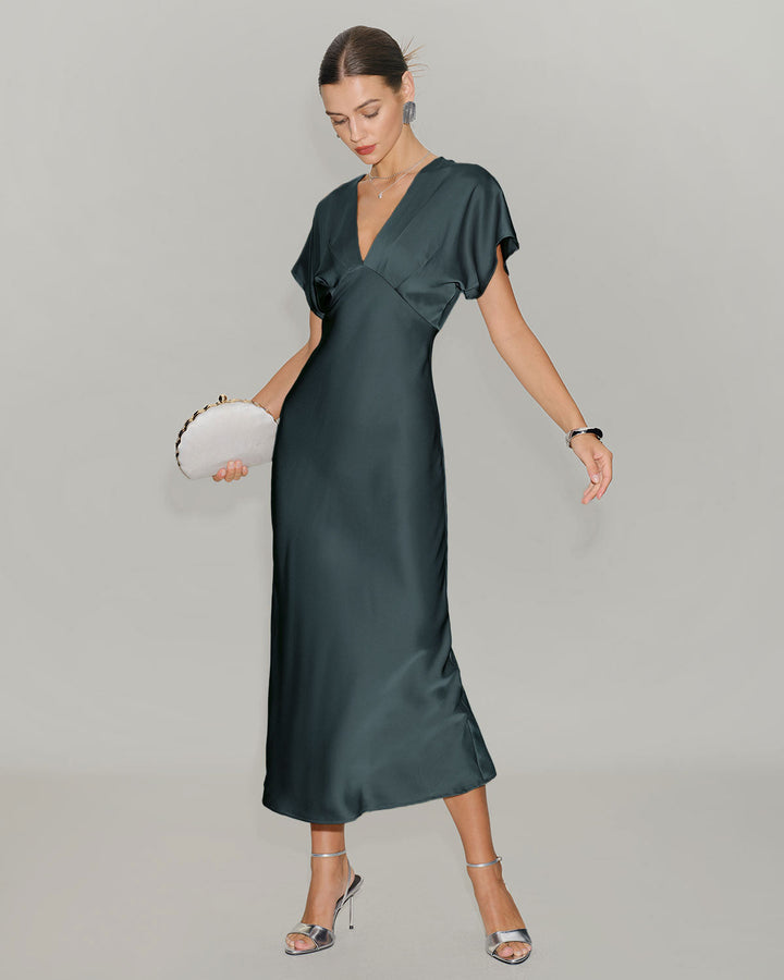 SALE | Green Satin Cowl Sleeve Midi Dress