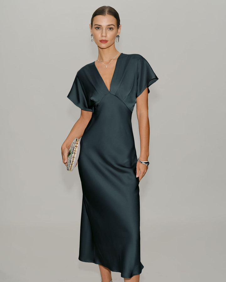 SALE | Green Satin Cowl Sleeve Midi Dress