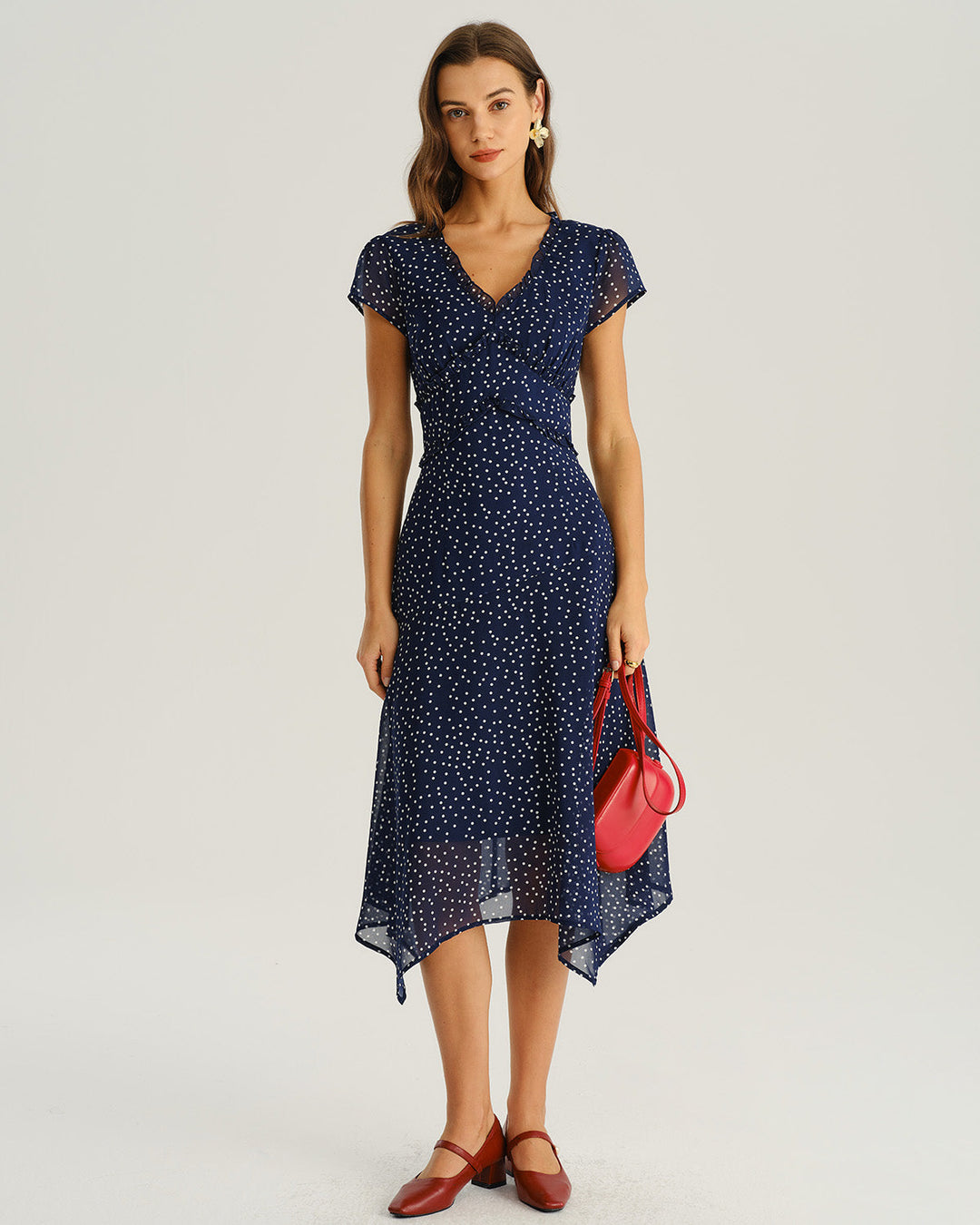 SALE | Navy Polka Dot Cap Sleeve Midi Dress