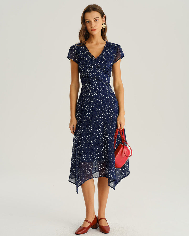 SALE | Navy Polka Dot Cap Sleeve Midi Dress