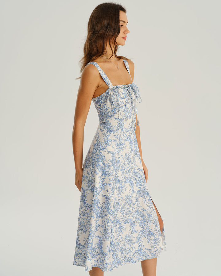 SALE | Blue Floral Ruched Slip Midi Dress