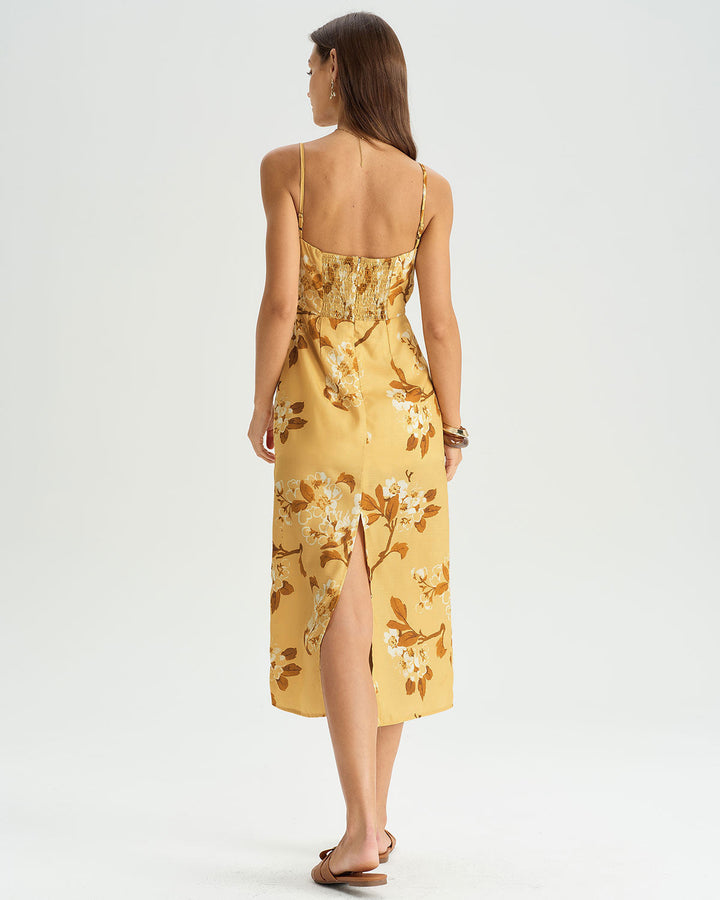 SALE | Yellow Floral Shirred Slip Midi Dress