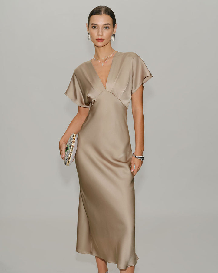 SALE | Apricot Satin V Neck A-Line Midi Dress