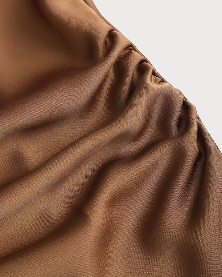 SALE | Coffee Satin Boat Neck Slip Midi Dress