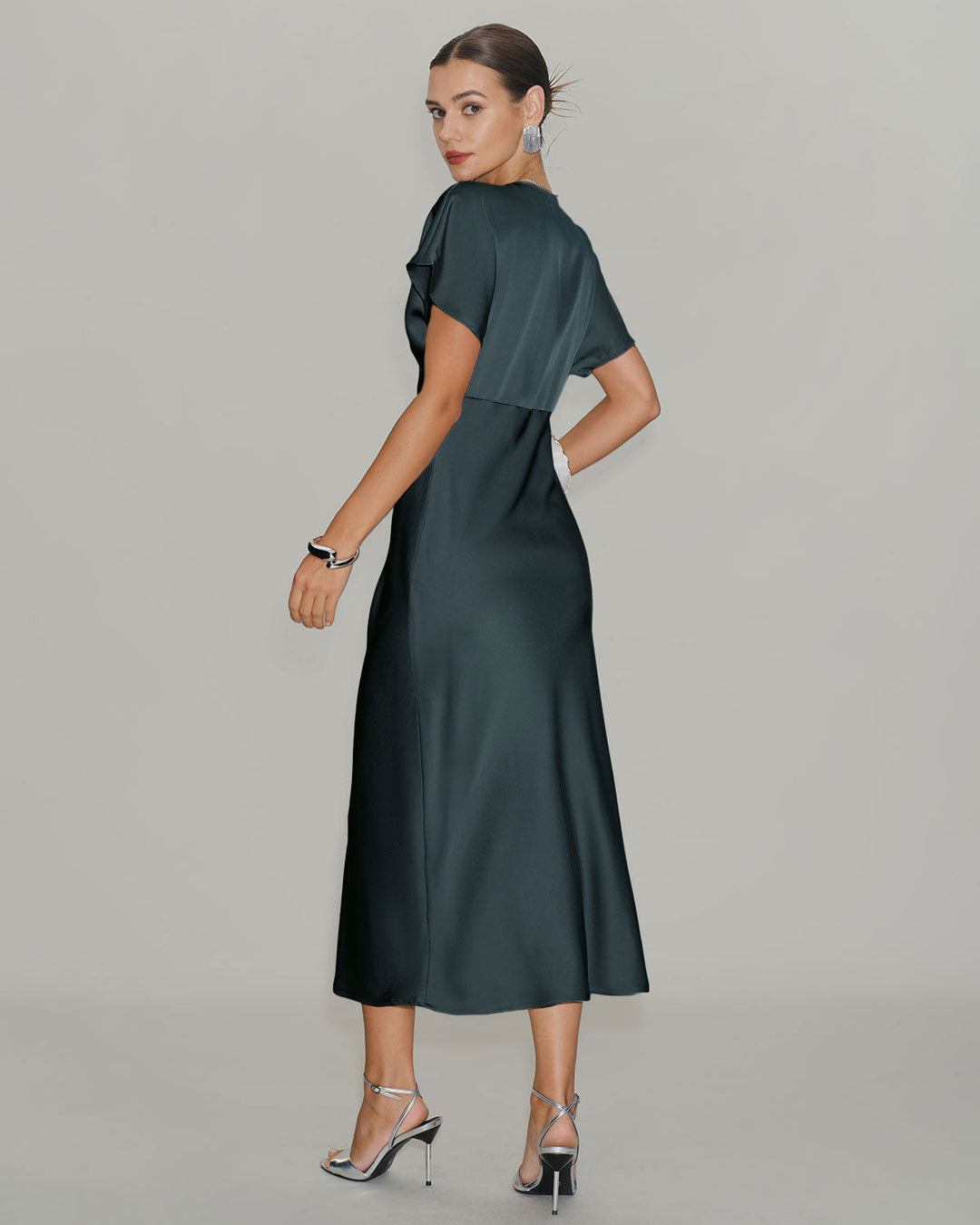 SALE | Green Satin Cowl Sleeve Midi Dress