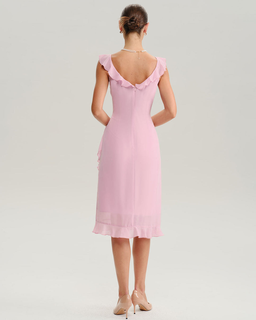 SALE | Pink V Neck Ruffle Sleeveless Midi Dress