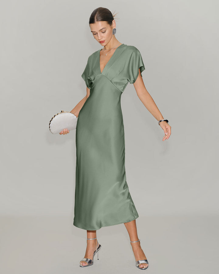 SALE | Green Satin V Neck A-Line Midi Dress