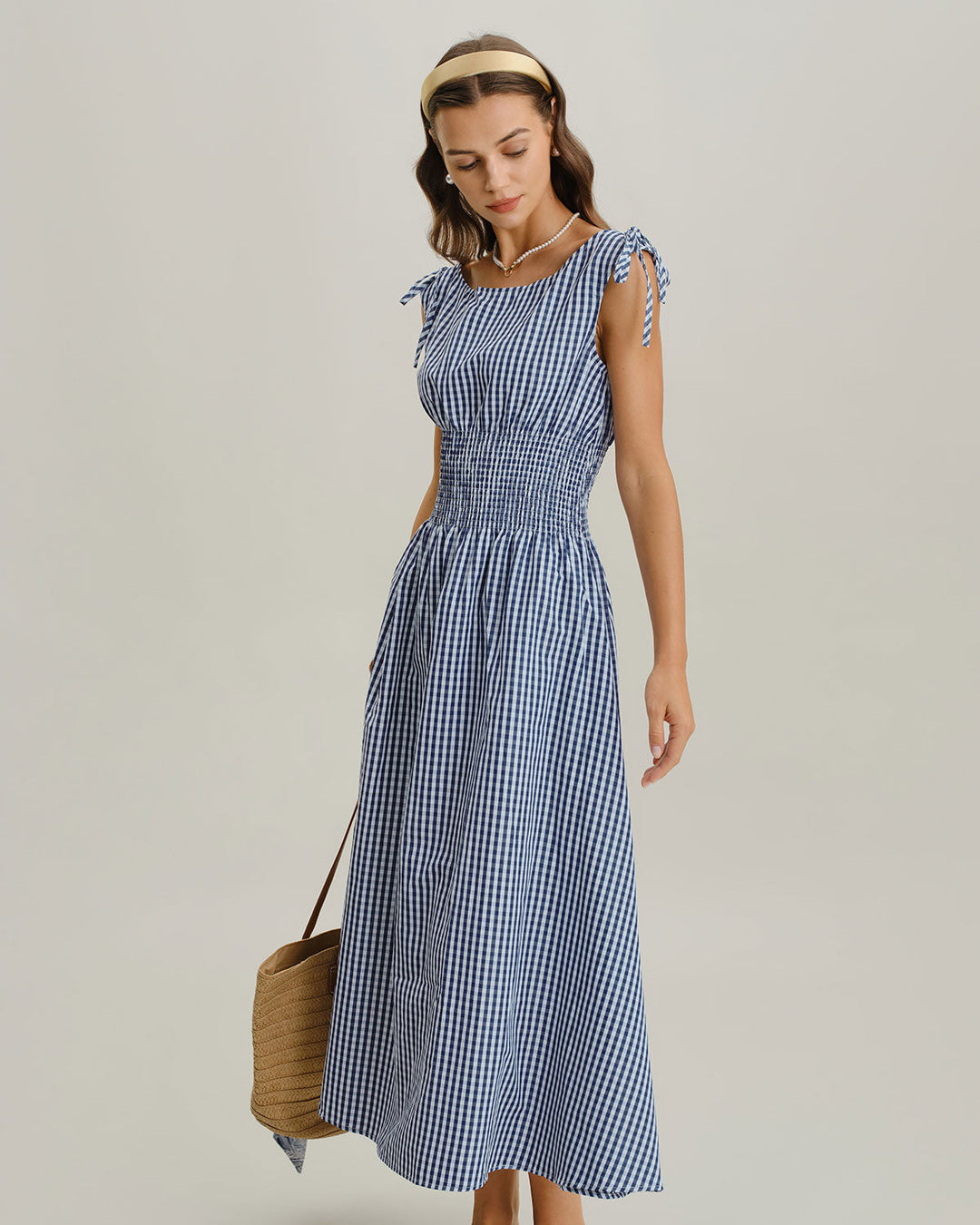 SALE | Blue Plaid Boat Neck Shirred Midi Dress