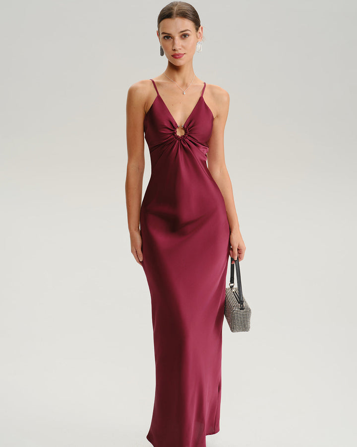 SALE | Wine Red Ruched V Neck Slip Maxi Dress