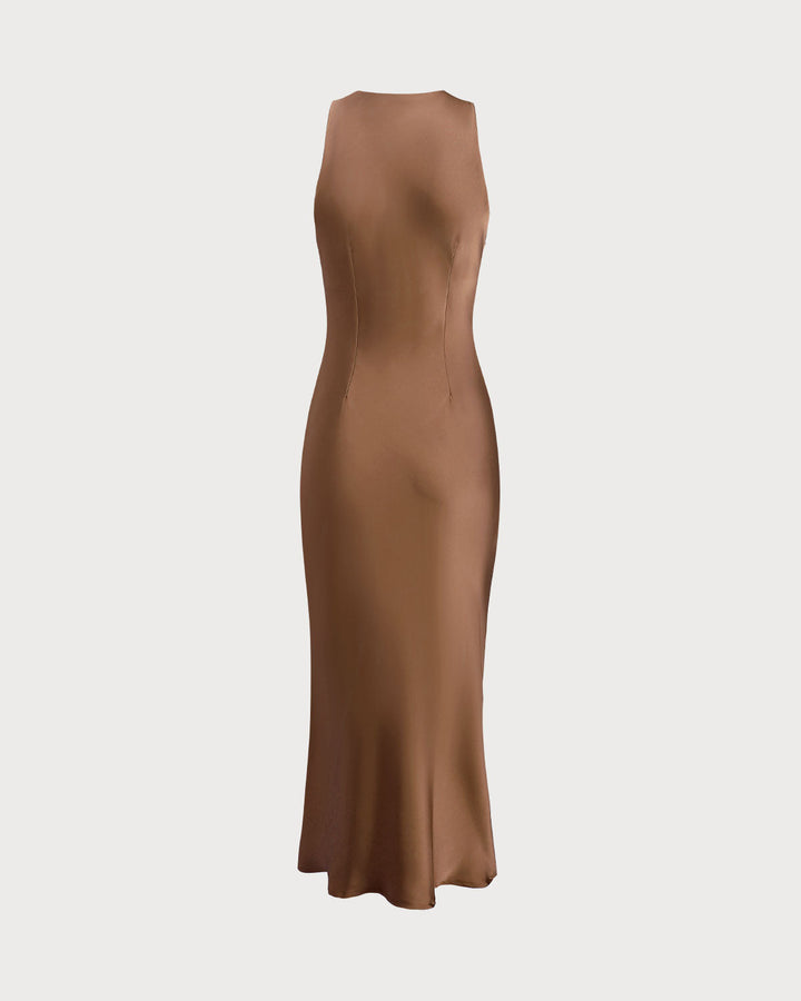 SALE | Coffee Satin Boat Neck Slip Midi Dress