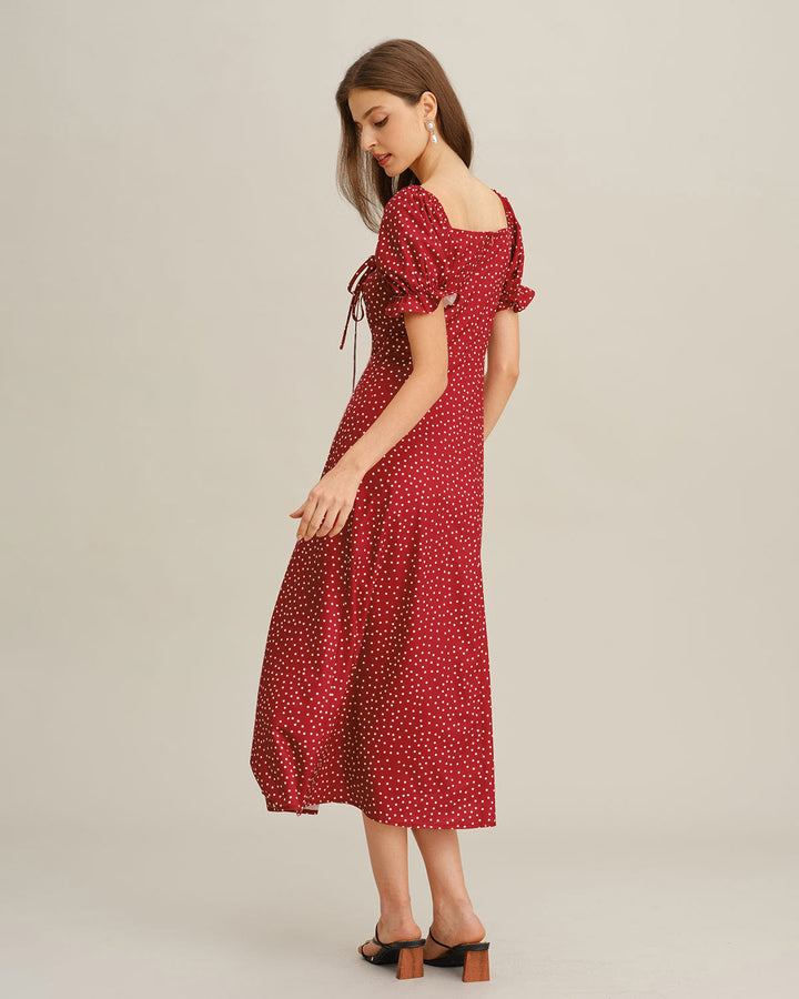SALE | Red Polka Dot A-Line Square Neck Midi Dress