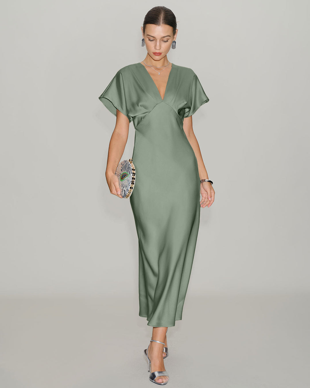 SALE | Green Satin V Neck Midi Dress