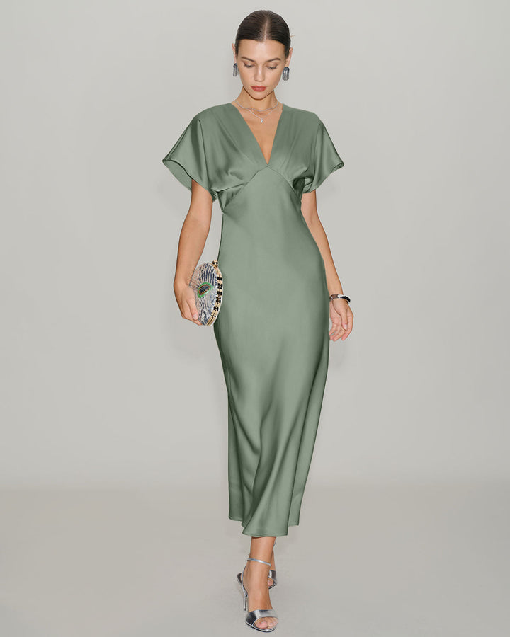 SALE | Green Satin V Neck Midi Dress