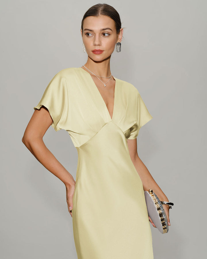 SALE | Yellow Satin Cowl Sleeve Midi Dress