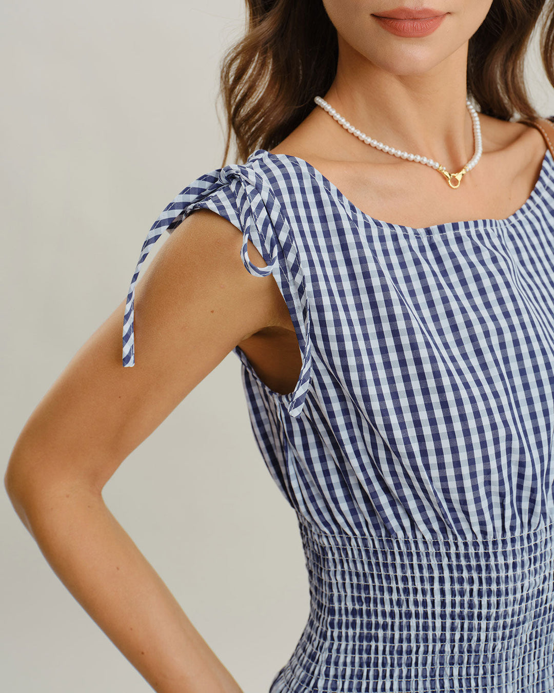 SALE | Blue Plaid Boat Neck Shirred Midi Dress