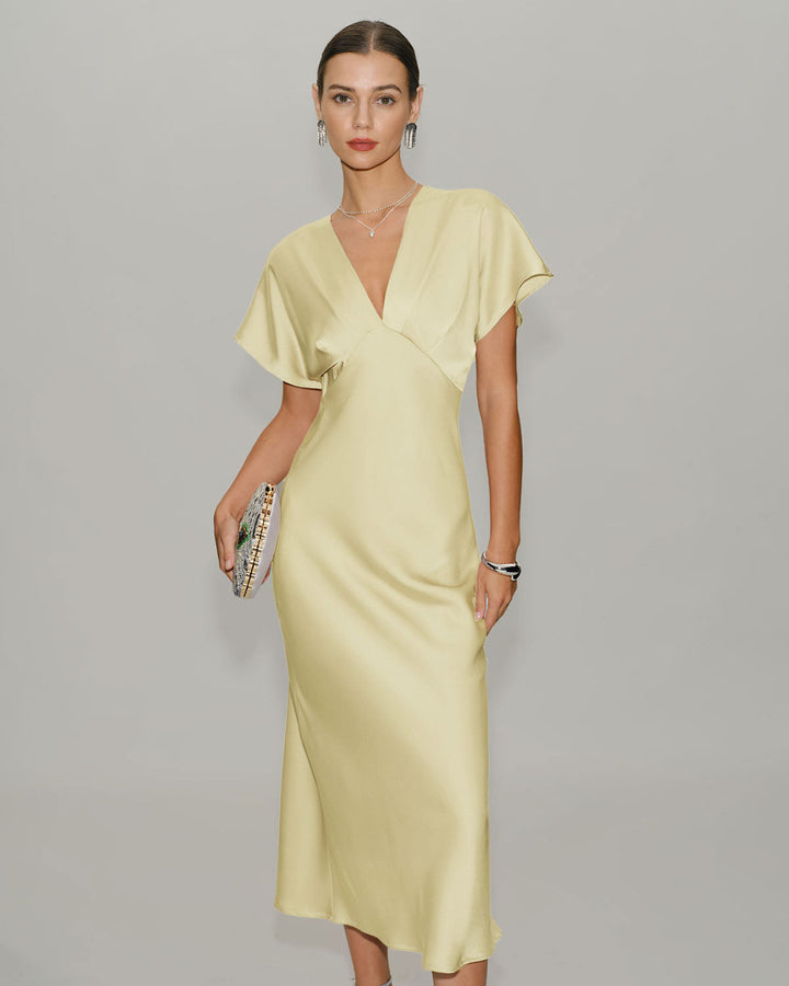 SALE | Yellow Satin Cowl Sleeve Midi Dress
