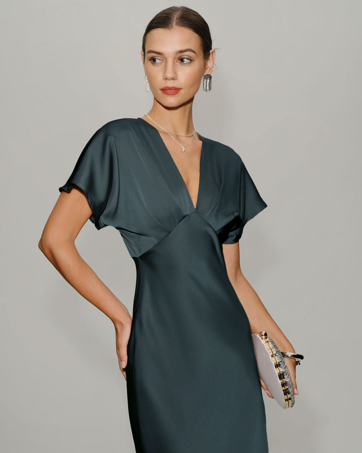 SALE | Green Satin Cowl Sleeve Midi Dress